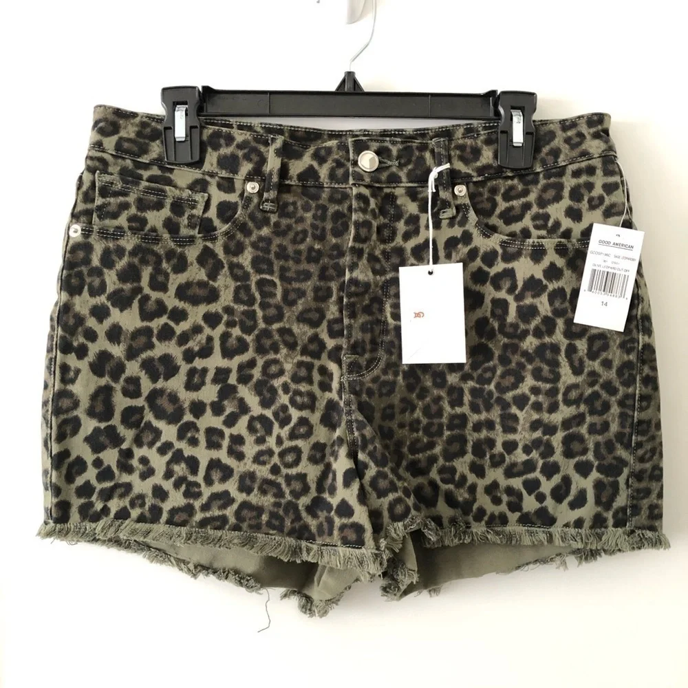 Good American Green Sage Leopard Cutoff Shorts 14
